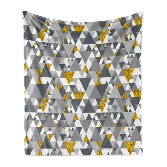 Grey and Yellow Soft Flannel Fleece Throw Blanket, Zig Zag Triangles Futuristic Design with Yellow Details, Cozy Plush for Indoor and Outdoor Use, 70" x 90", Charcoal Grey Marigold, by Ambesonne