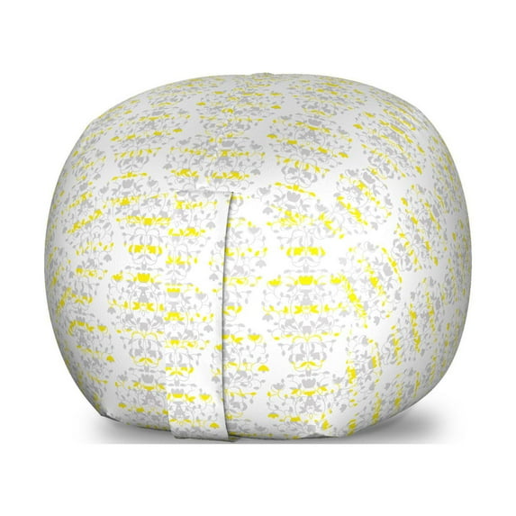Grey and Yellow Storage Toy Bag Chair, Victorian Style Flowers Leaves Swirls Ombre Design Art Image, Stuffed Animal Organizer Washable Bag, Small Size, Pale Grey and Marigold, by Ambesonne