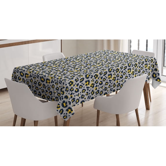 Grey Yellow Tablecloth, Leopard Skin Print Wildcat Fur Look Pattern Spots Jungle Safari Theme, Rectangle Satin Table Cover Accent for Dining Room and Kitchen, 52" X 70", Dark Violet Blue, by Ambesonne