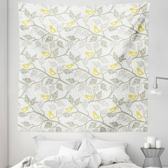 Grey and Yellow Tapestry, Abstract Tree Branches with Leaves Birds and Dots Spring Nature, Fabric Wall Hanging Decor for Bedroom Living Room Dorm, 5 Sizes, Grey Yellow and White, by Ambesonne