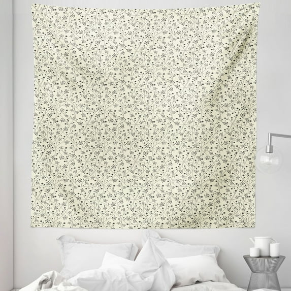 Grey and Yellow Tapestry, Floral Pattern with Spiky Buds in Dot Form on Curvy Twigs, Fabric Wall Hanging Decor for Bedroom Living Room Dorm, 5 Sizes, Charcoal Grey Yellow, by Ambesonne