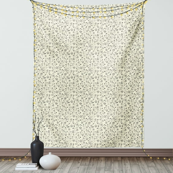 Grey and Yellow Tapestry, Floral Pattern with Spiky Buds in Dot Form on Curvy Twigs, Wall Hanging for Bedroom Living Room Dorm Decor, 60W X 80L Inches, Pale Yellow Charcoal Grey, by Ambesonne