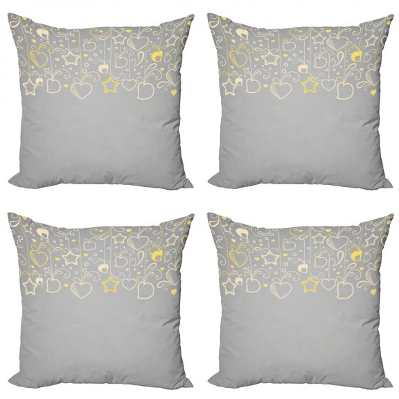 Ambesonne Ethnic Throw Pillow Cover 4 Pack, Grey Swirl Hearts, 18", Beige Yellow Pale Grey