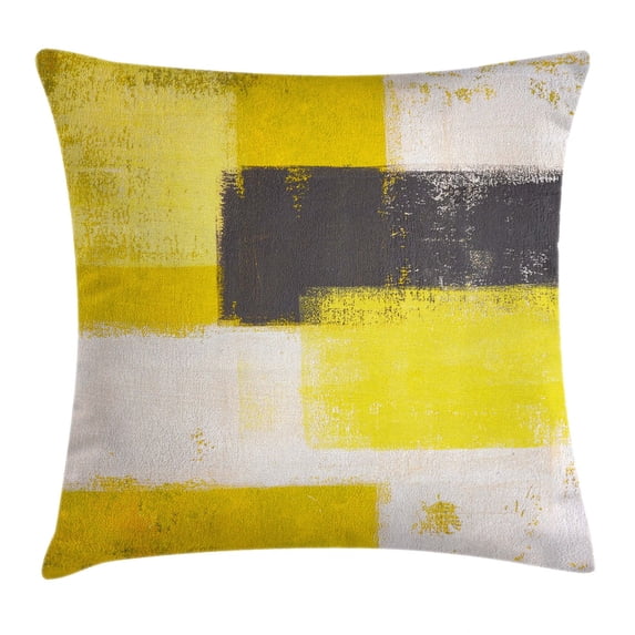 Grey and Yellow Throw Pillow Cushion Cover, Abstract Grunge Style Brushstrokes Painting Style, Decorative Square Accent Pillow Case, 20 X 20 Inches, White Charcoal Grey and Light Yellow, by Ambesonne