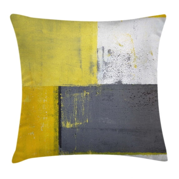 Grey and Yellow Throw Pillow Cushion Cover, Street Art Modern Grunge Abstract Design Squares, Decorative Square Accent Pillow Case, 18 X 18 Inches, White Charcoal Grey and Light Yellow, by Ambesonne