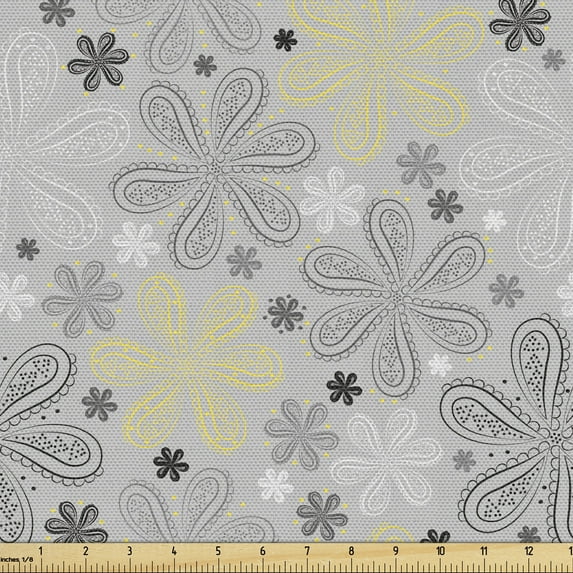 Ambesonne Grey Fabric by the Yard Upholstery, Style Yellow Flower, 10 Yards, Pale Grey White