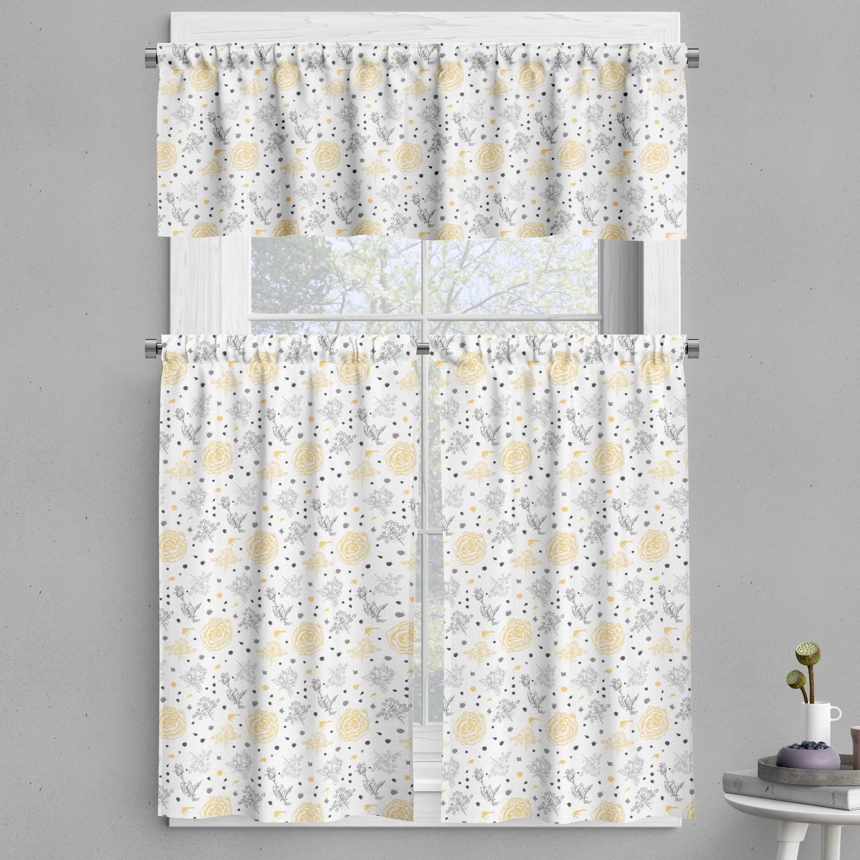 Grey and Yellow Valance & Tier Curtain 3 pcs Set, Grunge Sketchy
