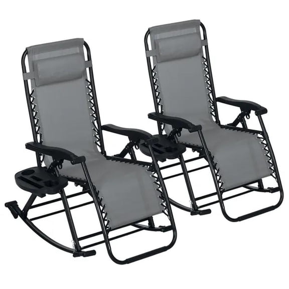 Grey Zero Gravity Chair Set: 2-Pack Recliners with Pillows, Cup Trays & Phone Holders