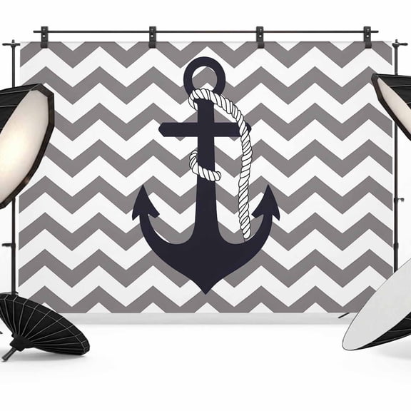Grey Zigzag Backdrop for Photography, Fabric Photo Background Backdrop, Coastal Nautical Anchor Stripes Photo Booth Background for Portrait Photoshoot Video Wedding Studio Decoration Banner 7x5ft