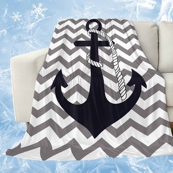 Grey Zigzag Cooling Blanket, Lightweight Breathable Summer Throw Blanket with Double Sided Cold Effect, Coastal Nautical Anchor Stripes Picnic Beach Blankets Bed Sheet for Hot Sleepers 50"x60"
