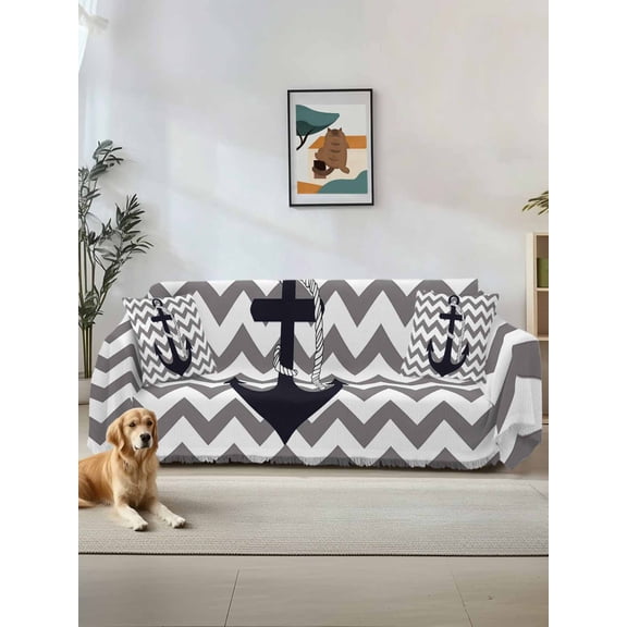 Grey Zigzag Couch Cover, Coastal Nautical Anchor Stripes Oversized Sofa Cover Blanket for 3 Cushion Couch,Sectional Sofa Slipcover Furniture Protector for Living Room Bedroom 71''x150''