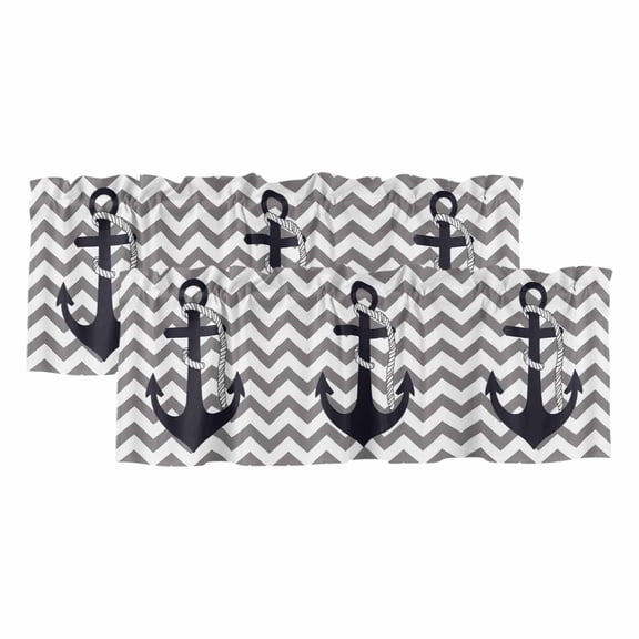 Grey Zigzag Curtain Valances for Windows, Kitchen Valance Window Treatments Panel 2 Pack, Coastal Nautical Anchor Stripes Rod Pocket Short Curtains for Bathroom Bedroom 42 x 12 Inch
