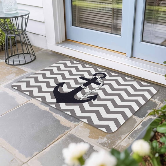 Grey Zigzag Door Mat Indoor Outdoor, Coastal Nautical Anchor Stripes Non Slip Welcome Mat with Rubber Backing, Absorbent Fabric Front Door Mats Entryway Rug for Home Patio Entrance 18"x30"