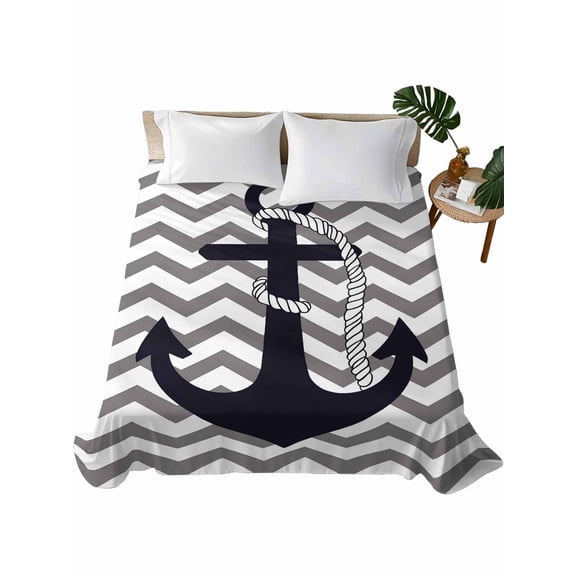Grey Zigzag Flat Sheet Only Twin Size, Soft Breathable Bed Top Sheets for Mattress, Coastal Nautical Anchor Stripes Luxury Bedding Flat Sheets for Home Hotel Bedroom Bed Protection