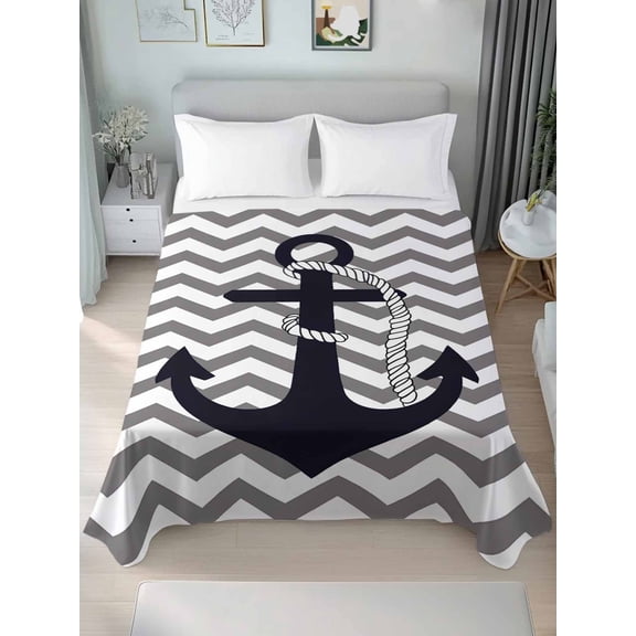Grey Zigzag Queen Size Flat Sheet, Wrinkleproof & Fadeproof Cooling Flat Bed Sheet Only, Coastal Nautical Anchor Stripes Breathable Soft Bedding Top Sheets 90 x 102 Inches