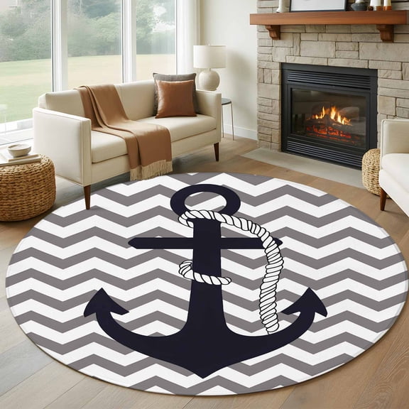 Grey Zigzag Round Area Rug 6 FT, Non Slip Bedroom Rugs, Coastal Nautical Anchor Stripes Washable Soft Circular Carpet Non-Shedding Floor Mat for Kitchen Dining Room Home Office Kids Room