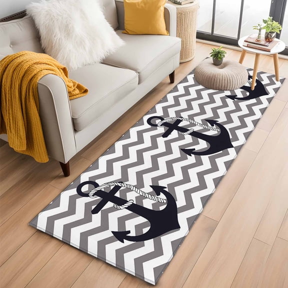 Grey Zigzag Runner Rug 2x6 FT, Non Slip Hallway Rugs, Coastal Nautical Anchor Stripes Washable Soft Floor Carpet Non-Shedding Throw Runner Carpet Long Rug for Entryway Kitchen Bedside Sliding Door