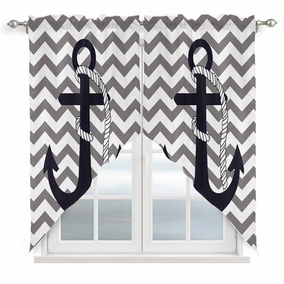 Grey Zigzag Swag Curtains Coastal Nautical Anchor Stripes Swag Valances for Kitchen Windows, Window Treatment Topper Curtains for Living Room Bedroom Bathroom, 28" W x 36" L