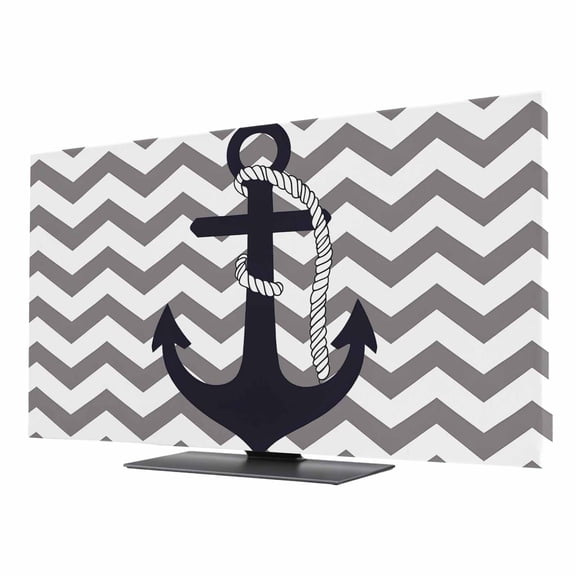 Grey Zigzag TV Cover for 24 Inch Screen, Stretch Fabric Dustproof TV Display Protector, Coastal Nautical Anchor Stripes Elastic Slipcover Monitor Cover for Indoor Desktop Computer 20.9"x11.8"