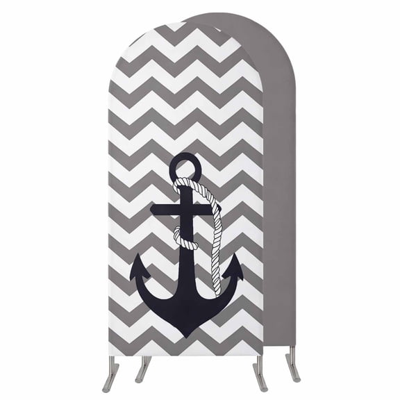 Grey Zigzag Wedding Arch Cover, Stretchy Spandex Arch Backdrop Stand Covers 4 FT, Coastal Nautical Anchor Stripes Round Top Arched Backdrop Cover for Birthday Party Ceremony Baby Shower Event