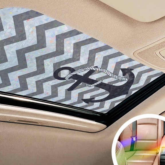 Grey Zigzag Window Privacy Film Rainbow Static Cling Stain Glass Window Film for Glass Door, Decorative Heat Control Sunroof Decal Sticker for Car Bathroom 17.7"x39.3" Coastal Nautical Anchor Stripes