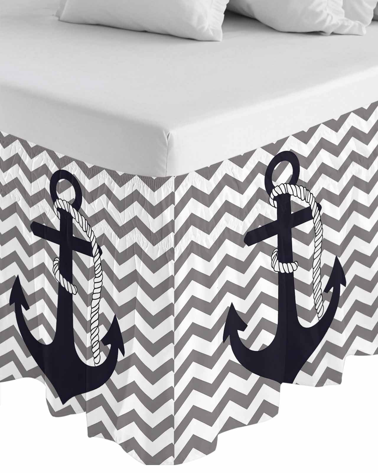 Grey Zigzag Wrap Around Bed Skirts for Queen Bed 16" Drop, Bed Skirt with Adjustable Elastic Belt Dust Ruffle Bed Valance for Bedroom Hotel Luxury Coastal Nautical Anchor Stripes Bed Frame Cover
