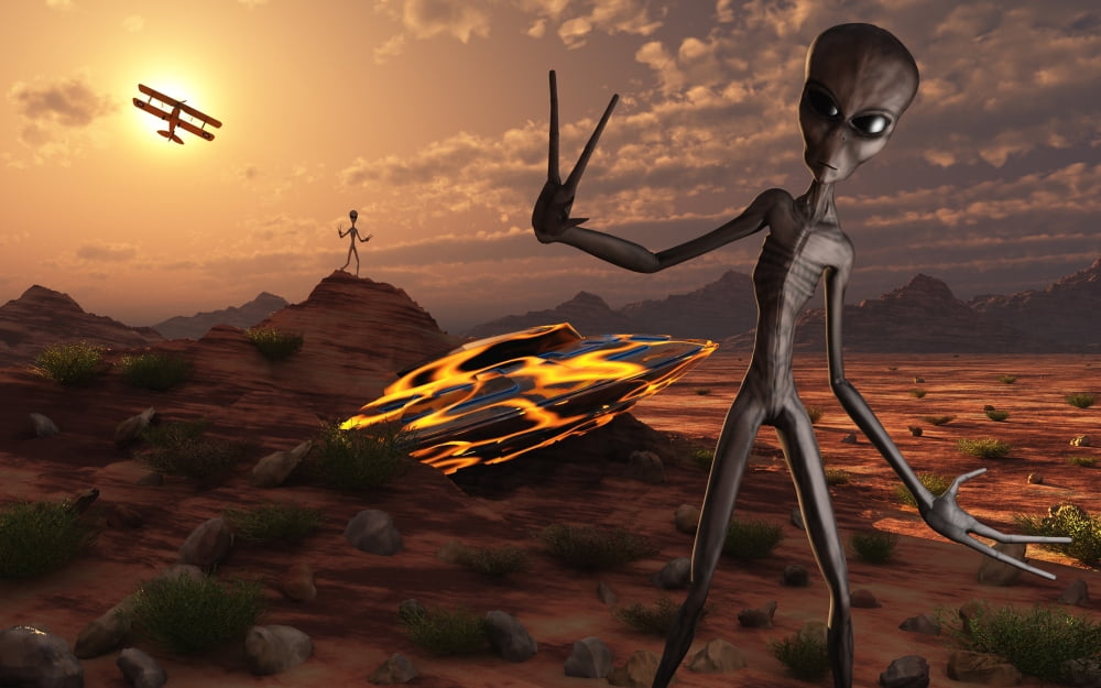 Grey aliens at the site of their UFO crash Canvas Art - Mark StevensonStocktrek Images (18 x 12)