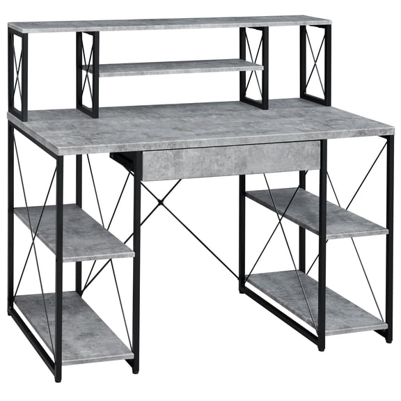 Grey and Black Office Desk with Open Shelves and Hutch for Recording Studio, 47.5 inch Wood and Metal Computer Desk with Drawer and Storage