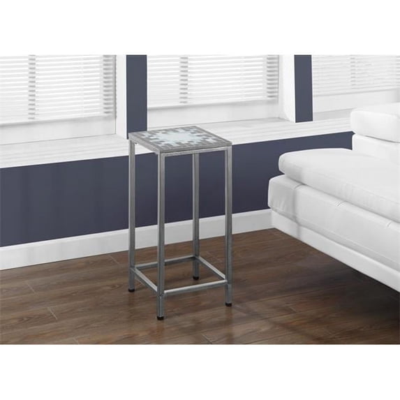 Grey and Blue Tile Top Hammered Silver 28 H Inch Plant Stand