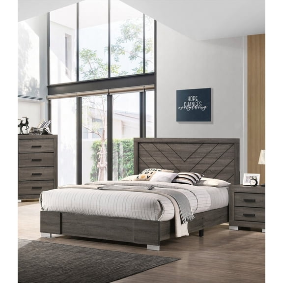 Queen Size Solid Wood Platform Bed Frame with Grey Finish for Master Bedroom (No Box Spring Needed)