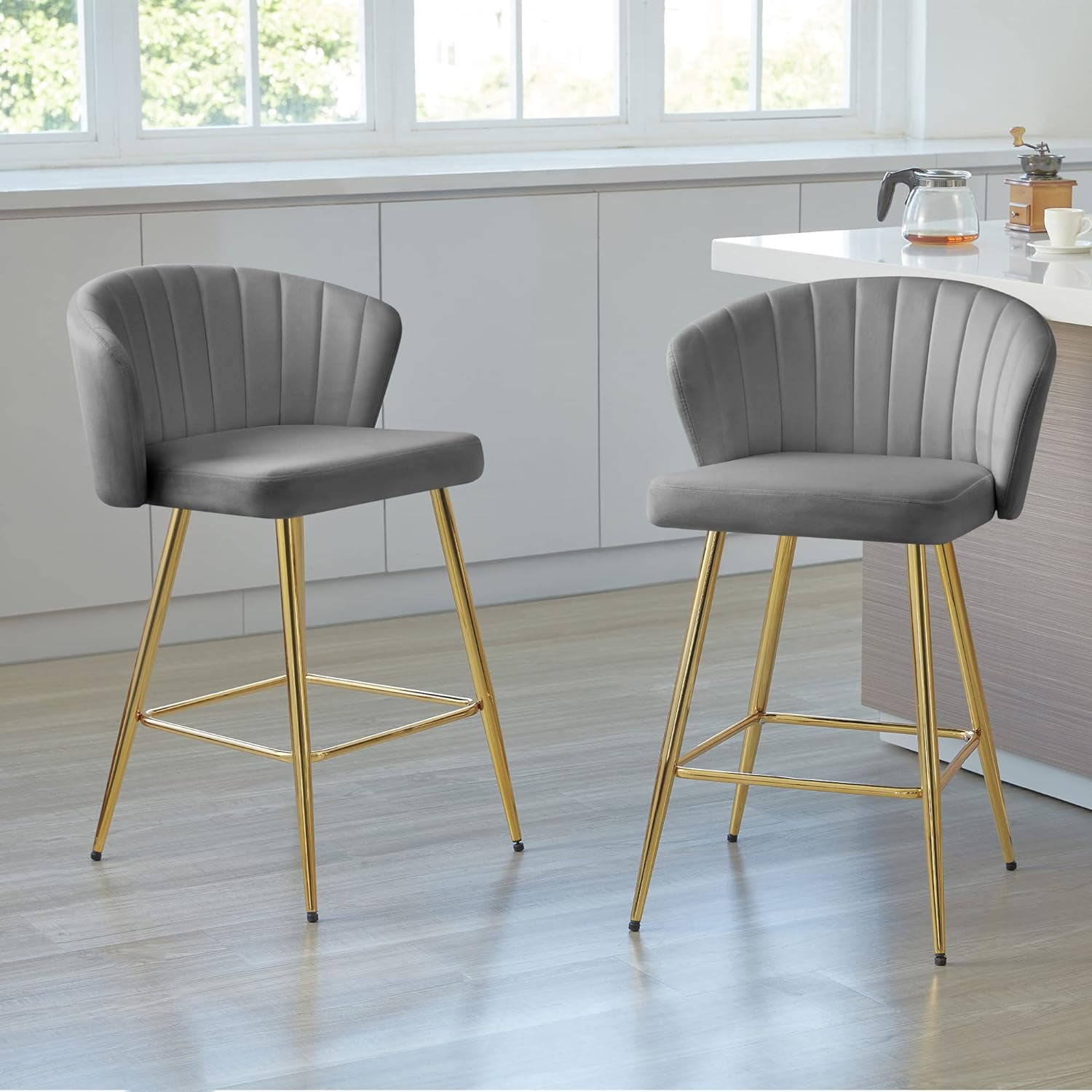 Grey and Gold Counter Height Bar Stools, Modern Velvet Barstools Set of