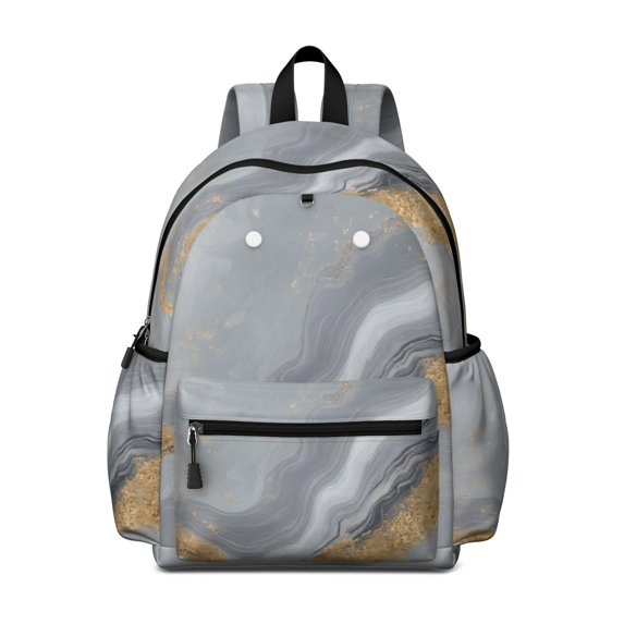 Grey and Gold Marble Pattern Backpack for School, Cute School Bag with Adjustable Shoulder Straps and Padded Back, 13.4"x11"x4.7"