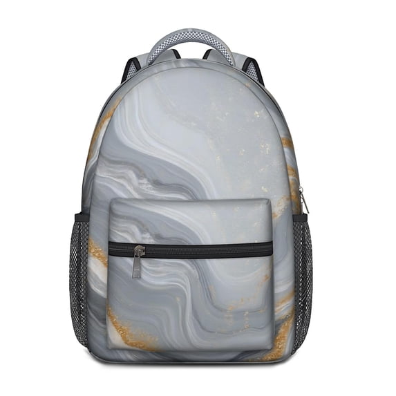 Grey and Gold Marble Pattern Backpack for School, Cute School Bag with Adjustable Shoulder Straps and Padded Back, 15.3"x11"x6.7"