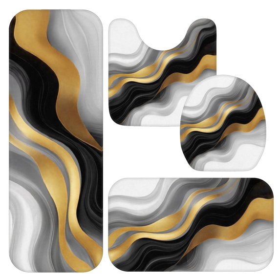 Grey and Gold Marble Pattern Bathroom Rug Set 4 Piece,Includes Contour,Lid Cover,Bath Mat,Non-Slip Extra Soft Absorbent Washable