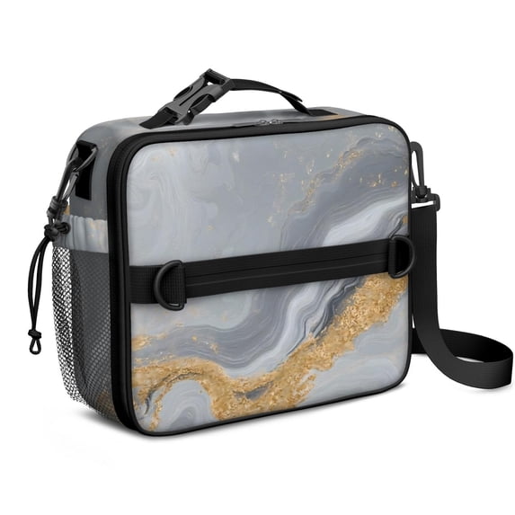 Grey and Gold Marble Pattern Insulated Lunch Bag with Shoulder Strap and Bottle Holder,Bento School Lunch Bag Box,11x9.5x3.5 Inches