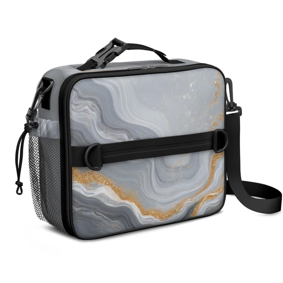 Grey and Gold Marble Pattern Insulated Lunch Bag with Shoulder Strap and Bottle Holder,Bento School Lunch Bag Box,11x9.5x3.5 Inches