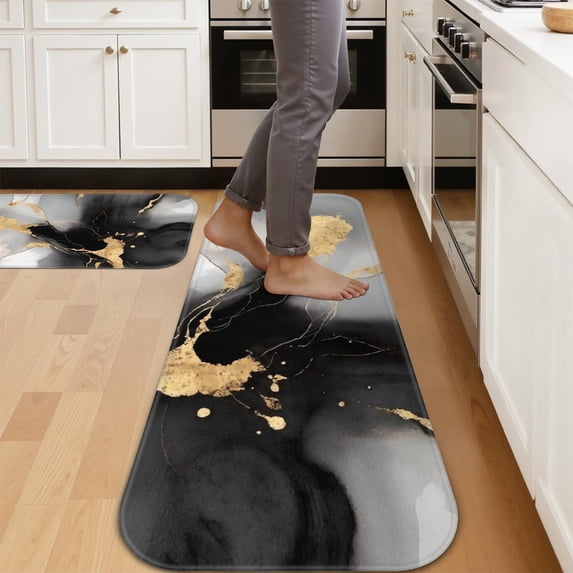 Grey and Gold Marble Pattern Kitchen Mat Set Of 2,Anti-Fatigue Floor Mats, Non-Slip Standing Mats for Kitchen, 47x17 and 30x17 Inches