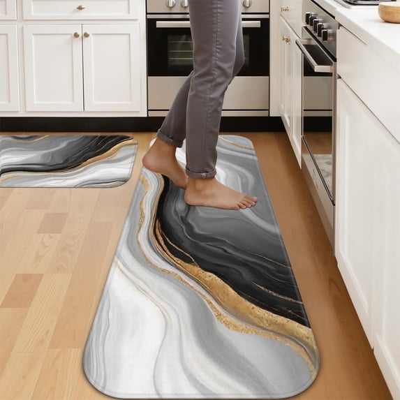 Grey and Gold Marble Pattern Kitchen Mat Set Of 2,Anti-Fatigue Floor Mats, Non-Slip Standing Mats for Kitchen, 47x17 and 30x17 Inches