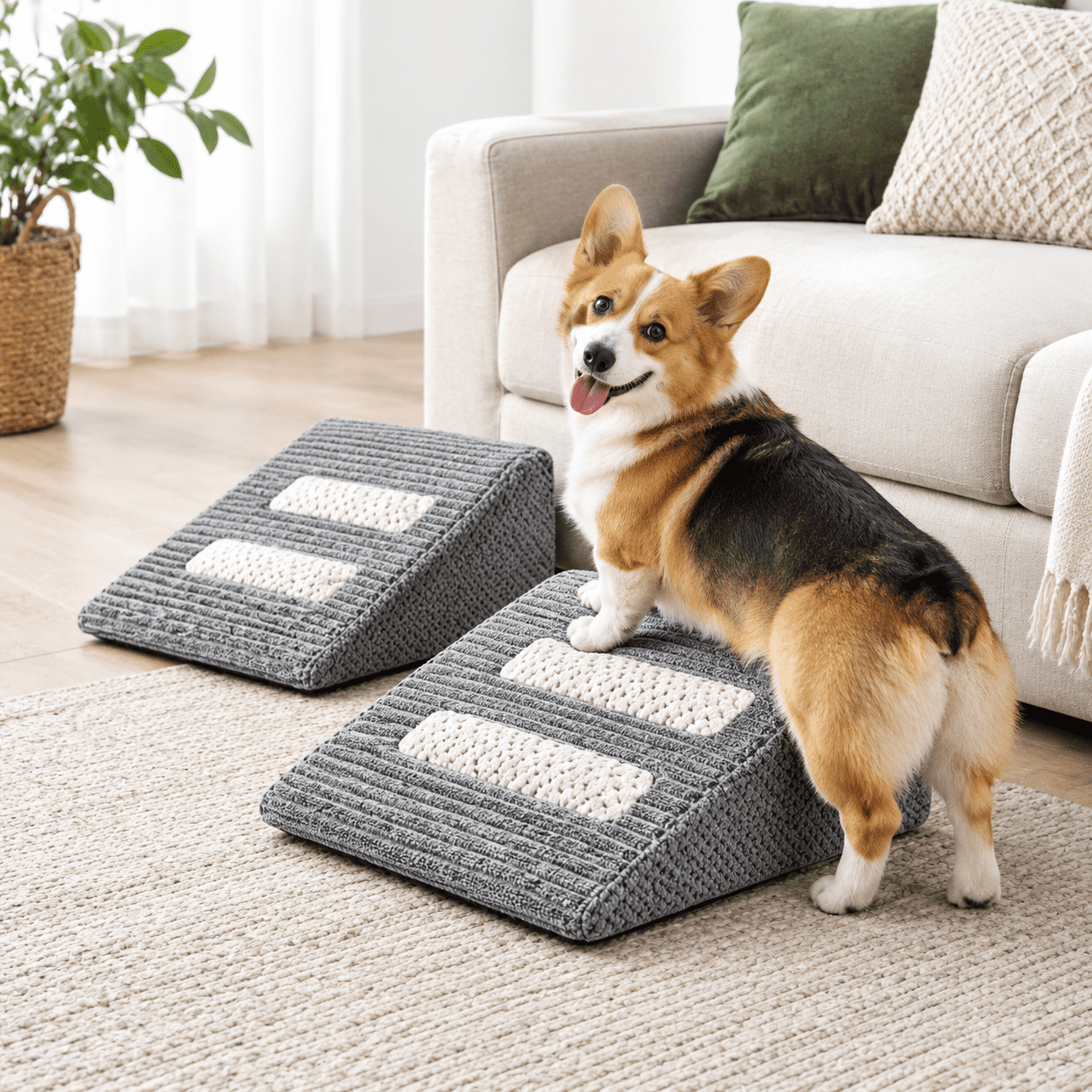Grey and Light Peach 2 Pet Stairs & Steps, 30D High-Density Foam Pet ...