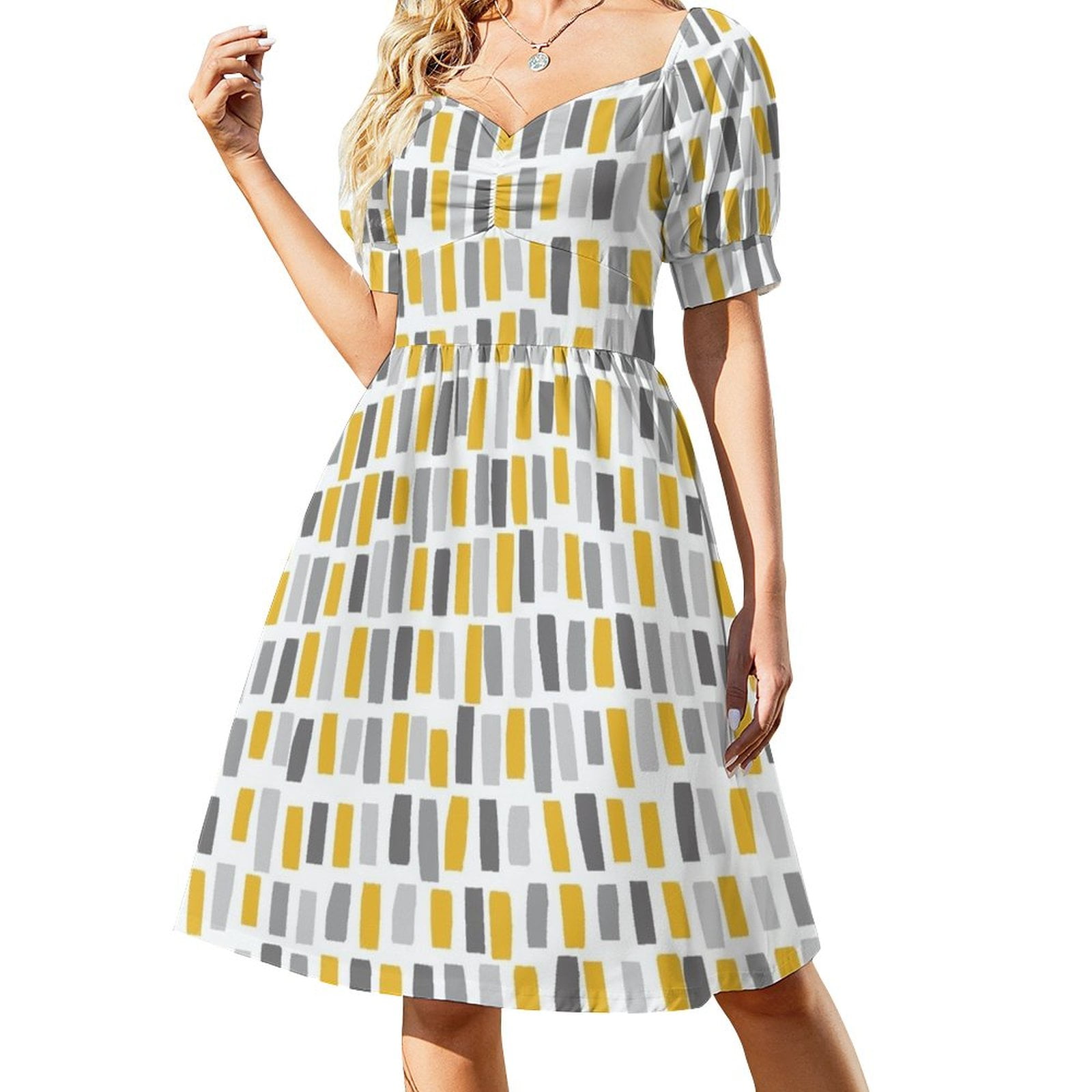 Grey and Mustard Yellow Lines and Stripes Sleeveless Dress Women's ...