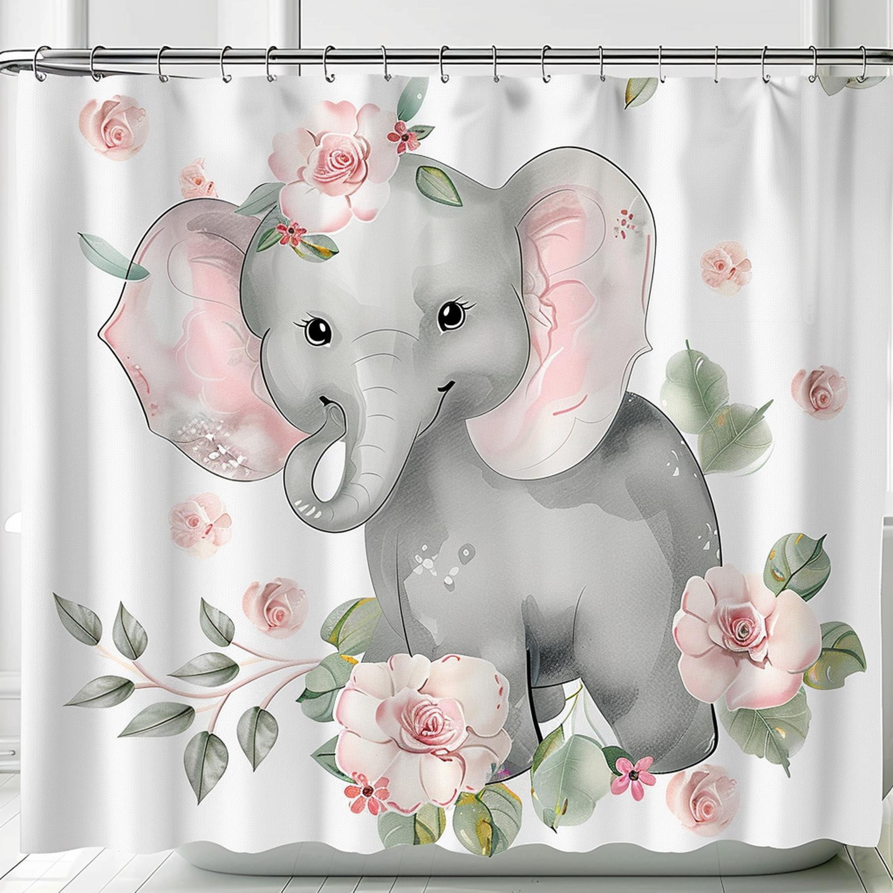 Grey and Pink Baby Elephant Shower Curtain with Floral Design Pastel Colors White Background