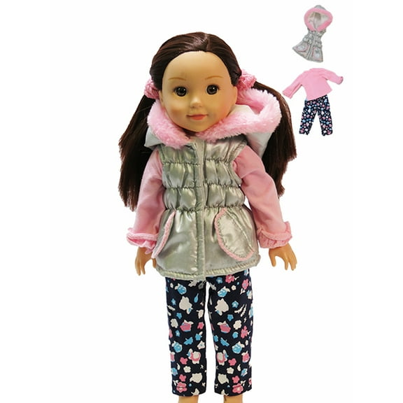 Grey and Pink Puffer Vest 3pc Outfit | Compatible with 14 Inch Wellie Wisher Doll Clothing