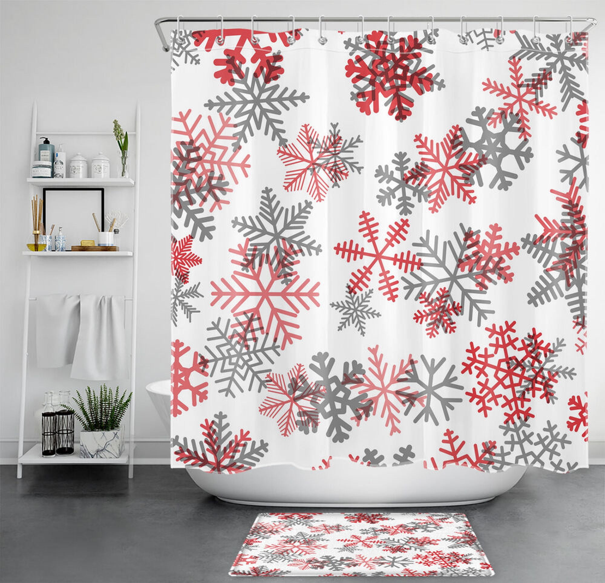 Grey and Red Snowflake Shower Curtain Transform Your Bathroom into a