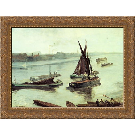 Grey and Silver Old Battersea Reach 24x18 Gold Ornate Wood Framed Canvas Art by James McNeill Whistler