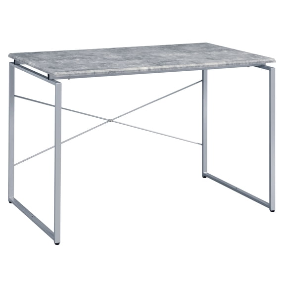 Grey and Silver Modern Writing Desk with Industrial Metal Sled Base Faux Concrete Top