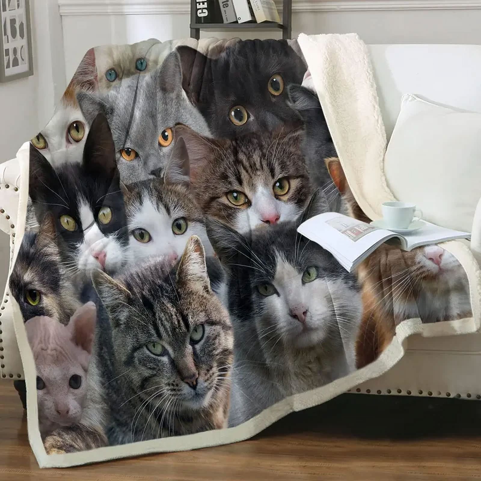 Grey and White Cats Blankets Plush Sherpa Throw Blanket for Couch Sofa