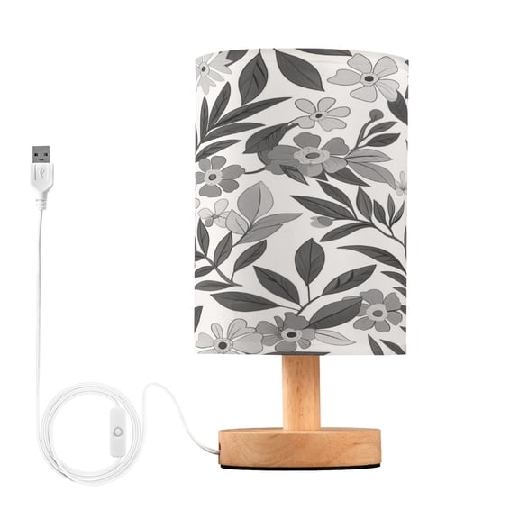 Grey and White Flowers Leaves Bedside Table Lamp Desk Warm Lights with USB Charging Port Cylinder LED Lamps for Bedroom Living Room Office