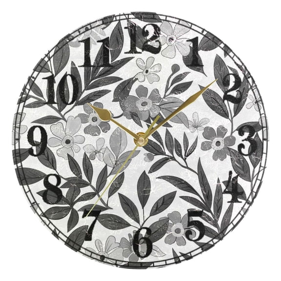 Grey and White Flowers Leaves Silent Wall Clock 10" Non-Ticking Battery Clock