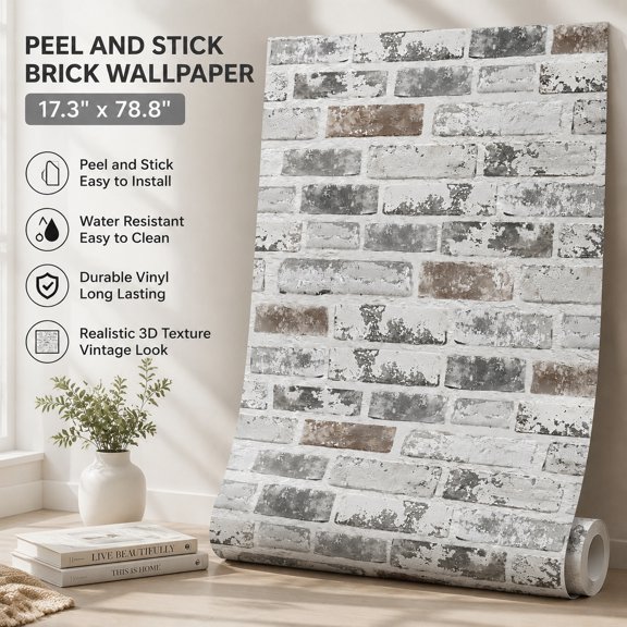 Grey and White Peel and Stick Brick Wallpaper 17.3"x78.8" 3D Textured Vinyl Self Adhesive Removable Wall Covering for Kitchen Fireplace Home Decor