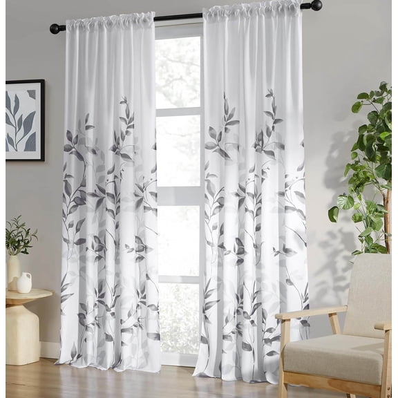 Grey and White Semi Sheer Curtains, Light Filtering Drapes, Gray Leaf Printed Privacy Sheer Curtains for Bedroom Living Room, 2 Panels